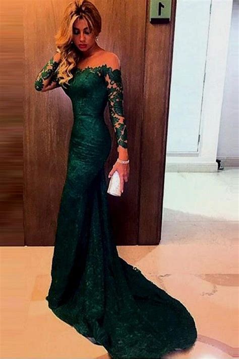 dark green long sleeves prom dress lace mermaid prom dress prom dress