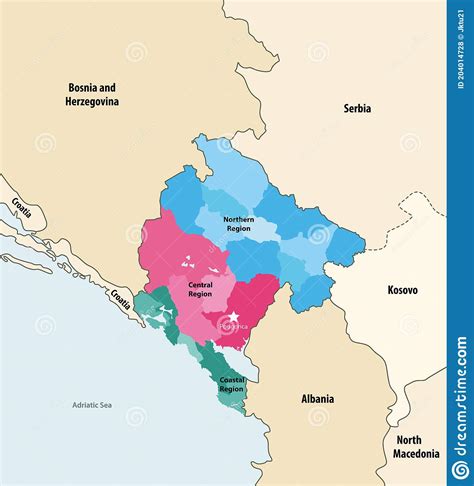 vectorkaart van de gemeenten montenegro gekleurd door regio  met buurlanden en gebieden
