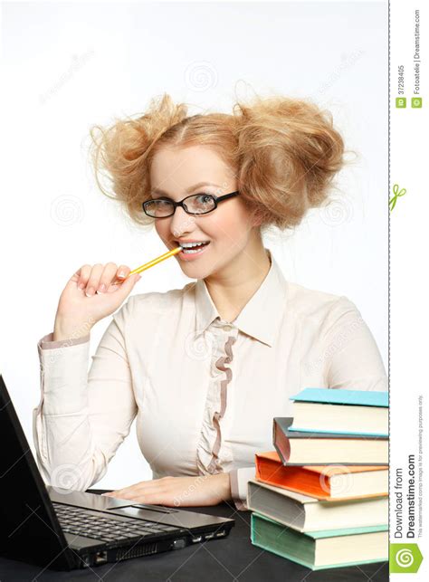 Beautiful Girl With Glasses Working On Computer Stock Image Image Of