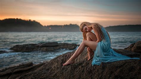 Wallpaper Brunette Long Hair Barefoot Legs Sunset Women Outdoors