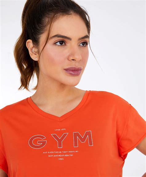 Fitness Top T Shirt Cropped Skin Fit Gym Laranja Pitanga