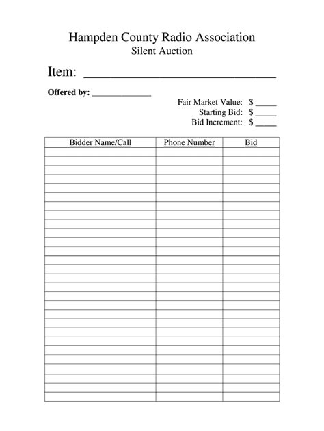 silent auction bid sheets  fill  printable fillable blank