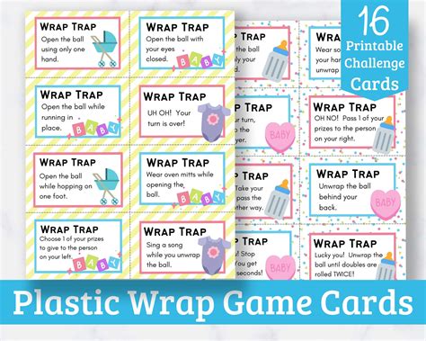 printable saran wrap ball game challenge cards baby shower edition