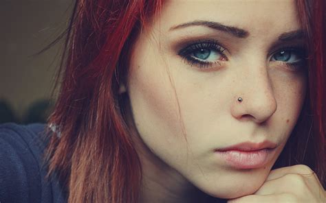 women model face redhead blue eyes pierced nose freckles