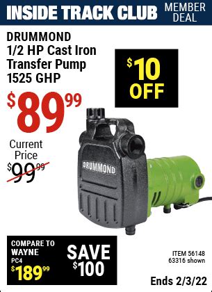 drummond  hp cast iron transfer utility pump   harbor freight coupons