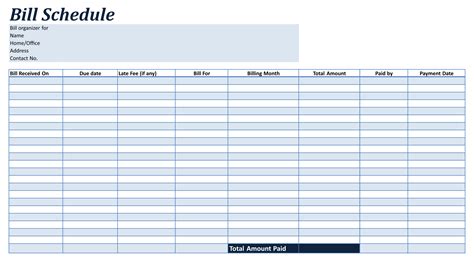 bill payment schedule template excel lovely  printable bill payment