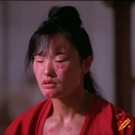 bruised asian woman martial arts fighter in an 80s movie scene on craiyon