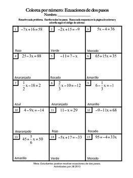 solving  step equations color  number spanish  activities  jill