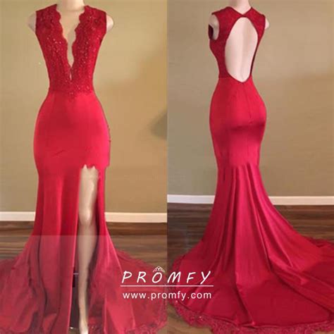 red lace and spandex thigh high slit open back sexy prom dress