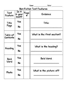 text features worksheets  fiction text features graphic organizer