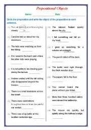 english worksheets prepositional objects