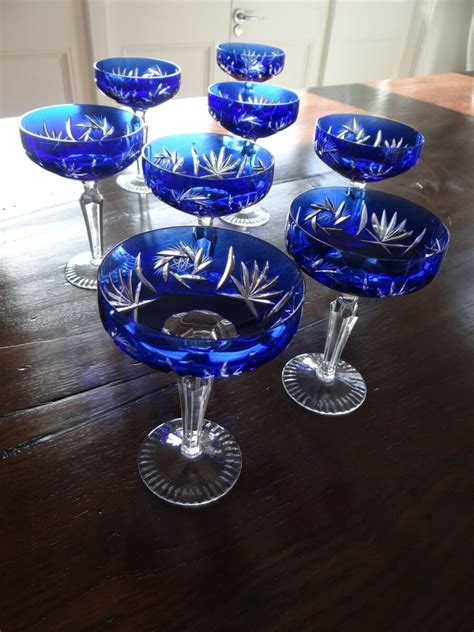 Set Of Eight Cobalt Blue Crystal Open Champagne Glasses