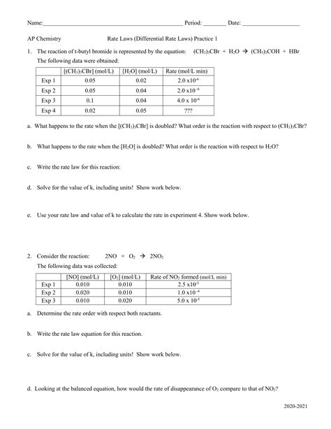 worksheet rate laws differential rate laws  ap chemistry   updated