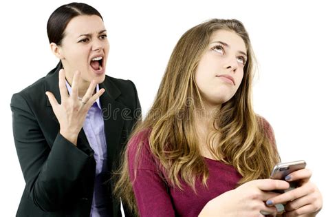 mother shouting and yelling at daughter chatting with phone stock image image of mother