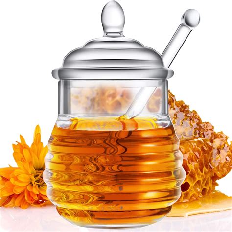 honey jar  dipper  lid glass beehive honey pot  home kitchen