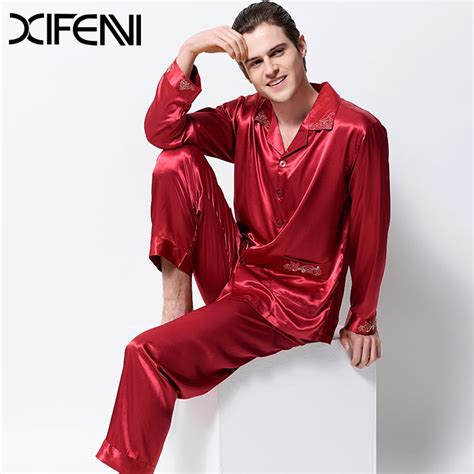 Xifenni Satin Silk Pajamas Male Long Sleeve Embroidery Men Pyjama Sets