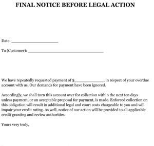 final notice  legal action letter sample small business  forms