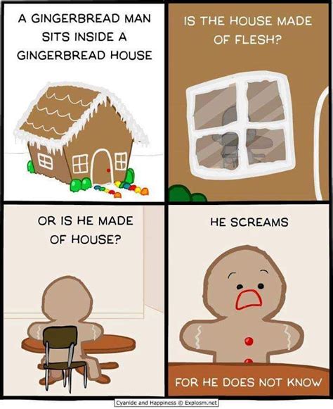 a gingerbread man sits in a gingerbread house is the