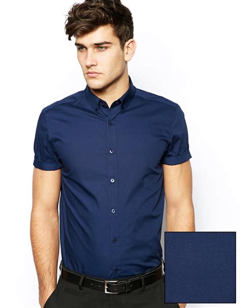 asos smart shirt  short sleeve  button  collar  cotton  blue  men lyst