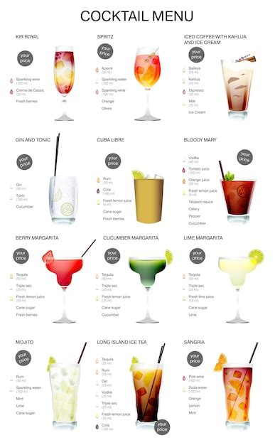 premium vector cocktail menu  description  cocktail recipes