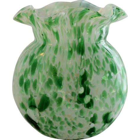Vintage Spatter Art Glass Vase Hand Blown Green White Cased From