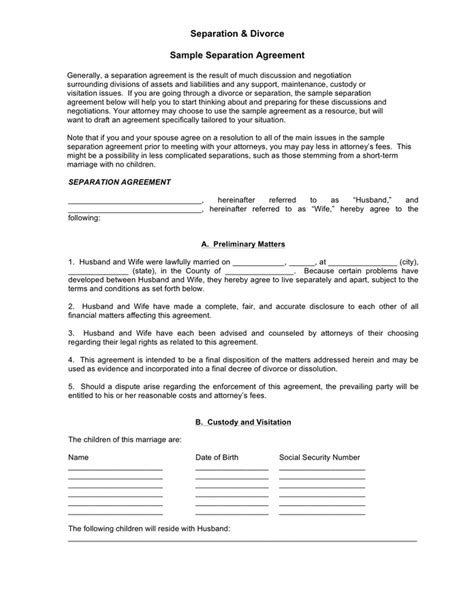 separation agreement template  word   formats
