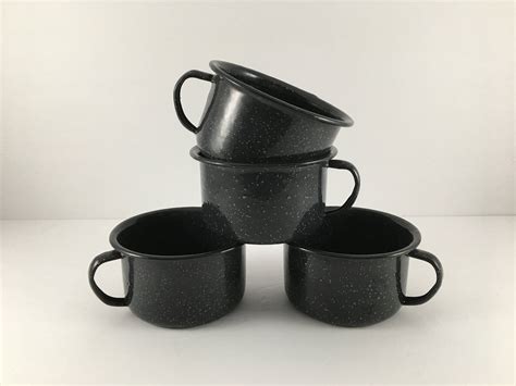 vintage set of black speckled enamelware mugs camping coffee cups