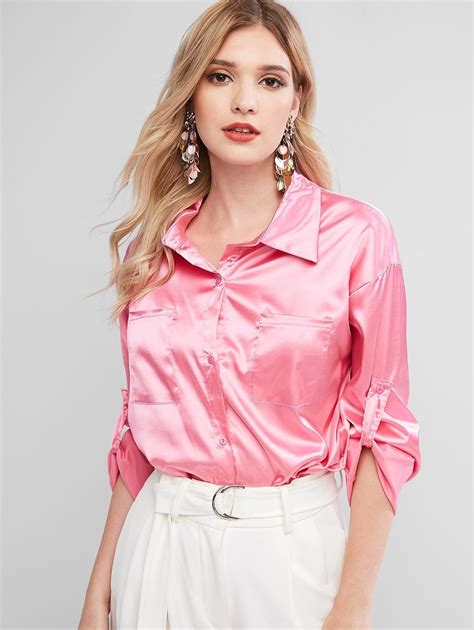 satin chest pocket roll tab sleeve curved shirt hot pink  cute