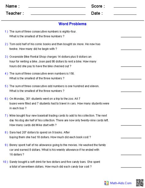 algebra  worksheets word problems worksheets