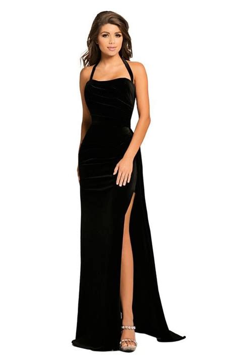 wholesale black thigh high split velvet evening gown pophers