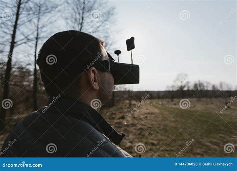 man manages fpv drone  vr glasses stock photo image  remote race