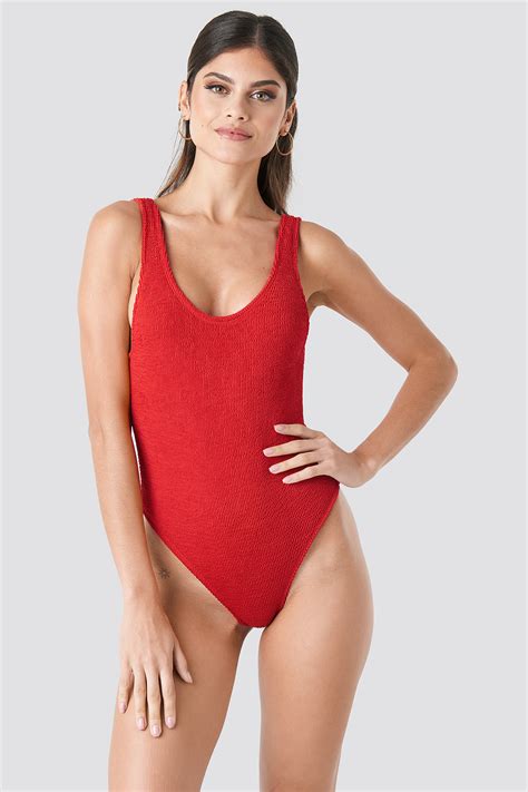 Smocked High Cut Swimsuit Red Na
