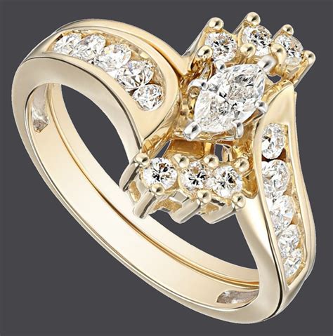 yellow gold bypass diamond  marquise wedding bridal ring set