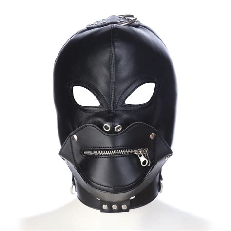 leather costume sex mask hood black zipper sealed full