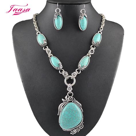 buy fashion vintage necklace set antique silver natural stone jewelry set