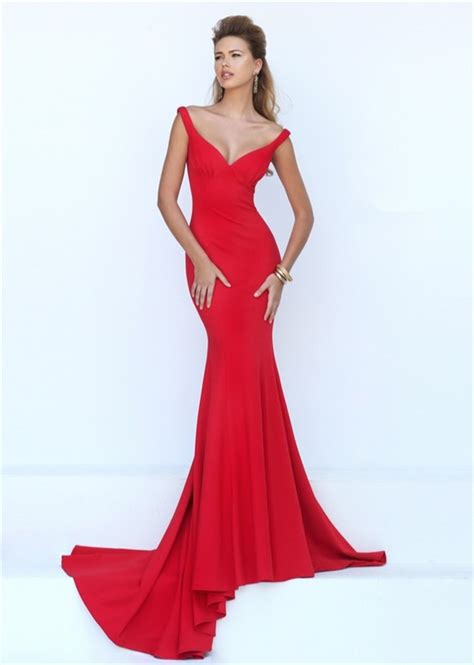 sexy mermaid deep v neck red jersey evening prom dress