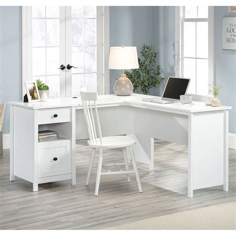 sauder soft white  shaped desk  file drawer desks furniture