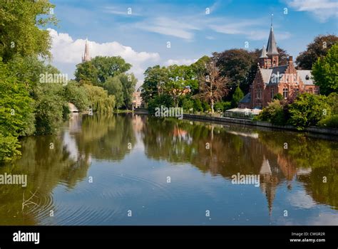 bruges belgium minnewater lake panorama stock photo alamy