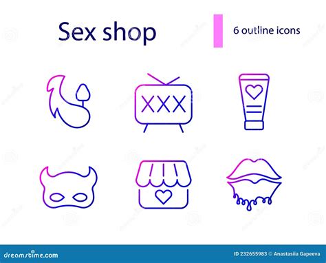 Sex Shop Outline Icons Set Adult Movie Retro Store Lubricant