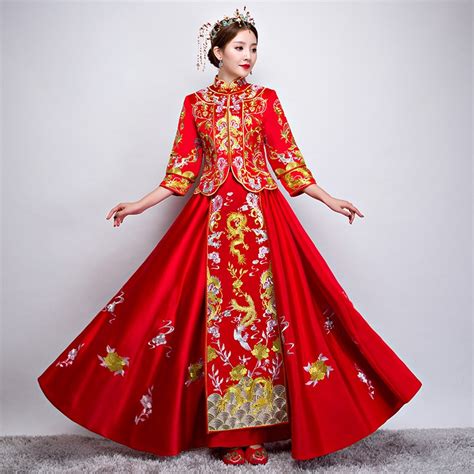 red traditional chinese gown wedding dress 2019 new woman long