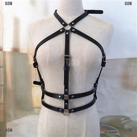 ♥women s leather body chest harness cage bra belt gothic collar choker