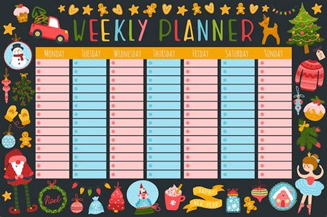 premium vector christmas weekly planner  cute characters  holiday items childish hand