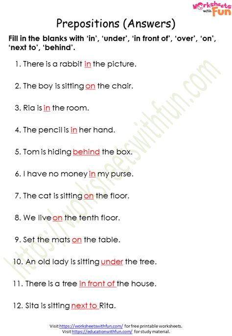 english class  prepositions worksheet  answers