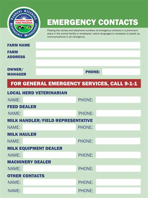 emergency contact poster national dairy farm