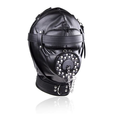 leather full head harness fetish mask bondage hood sexy