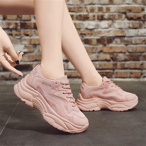 womens chunky sneakers  fashion women platform shoes lace  pink