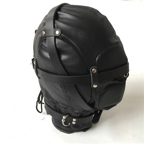 zipper tight fit black elastic leather full head blind hood bdsm