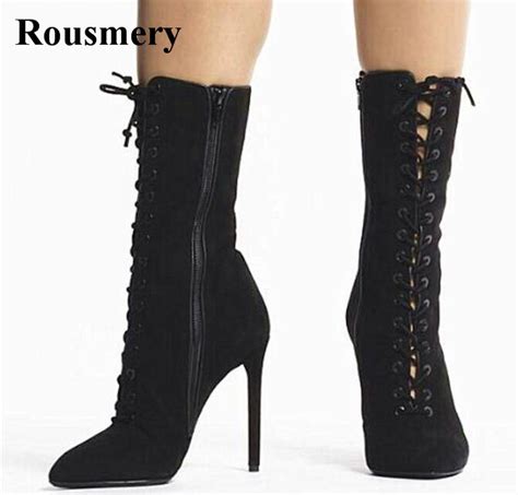 new fashion women pointed toe black suede leather lace up gladiator