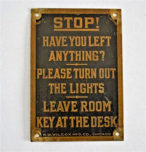 Vintage Hotel Motel Stop Sign Brass Plaque Room Key At Desk W W Wilcox