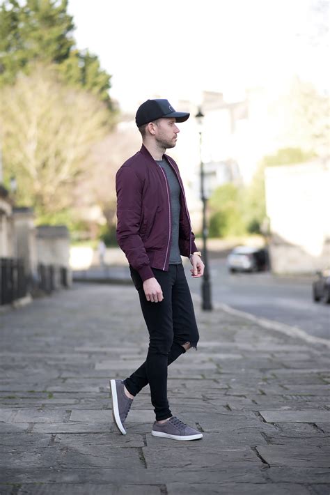 mens fashion blogger burgundy bomber jacket calvin klein baseball cap